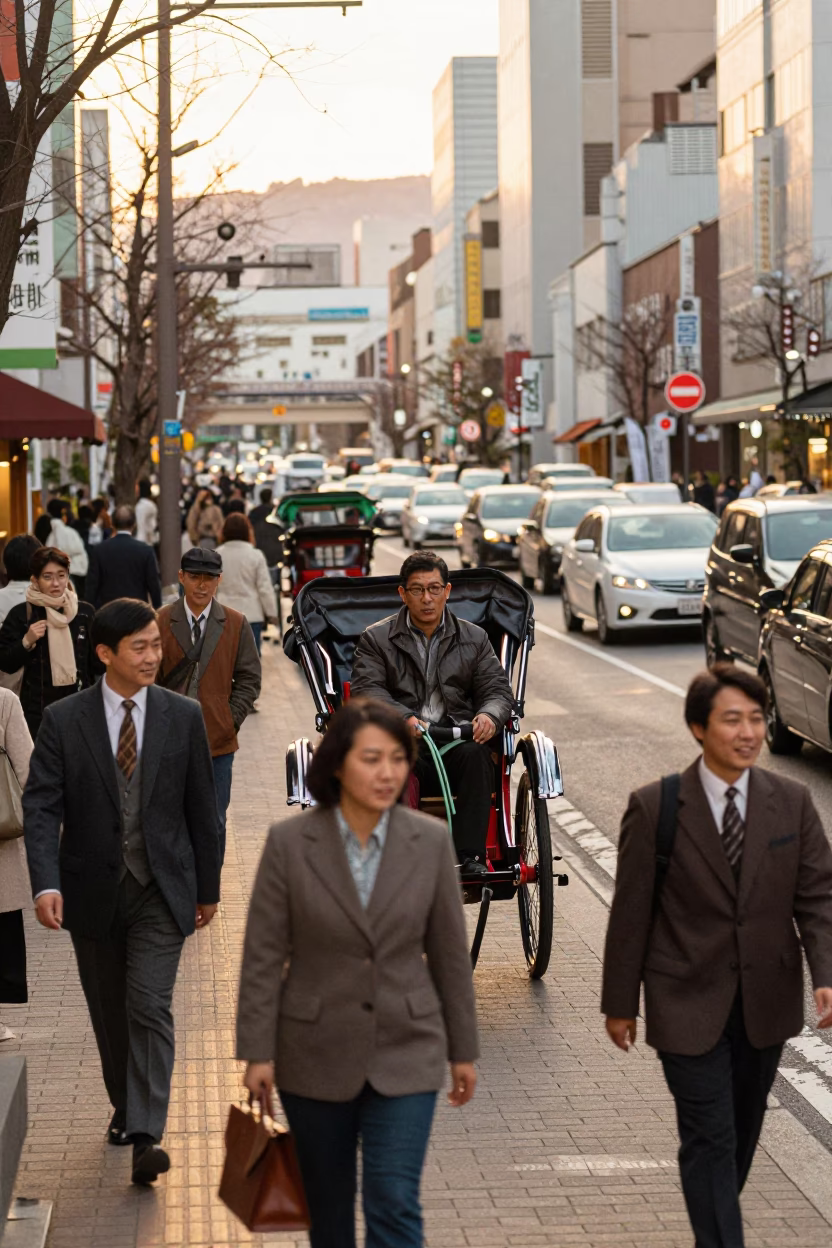Busy Sapporo Street Scene at Golden Hour with Rickshaw Driver and Pedestrians in in Sapporo, Japan