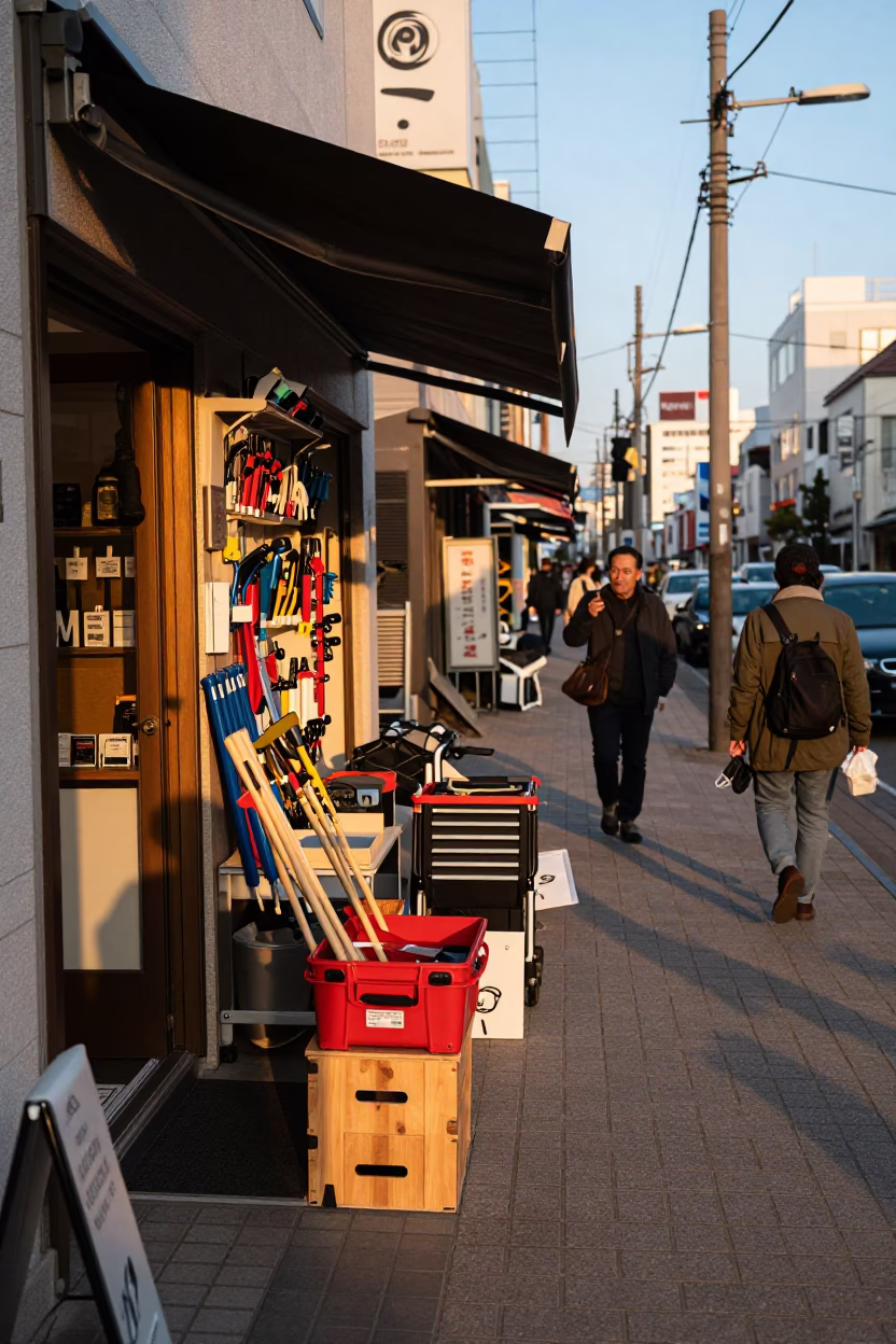 Busy Sapporo Street Scene at Golden Hour with Tool Caddies and Local Commerce in in Sapporo, Japan