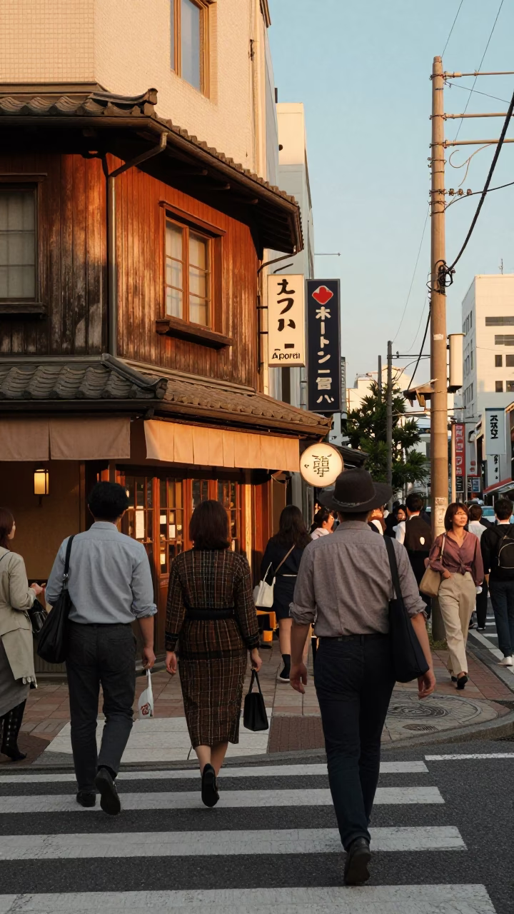 Busy Sapporo Street Scene at Golden Hour with Vintage 1960s Atmosphere in in Sapporo, Japan