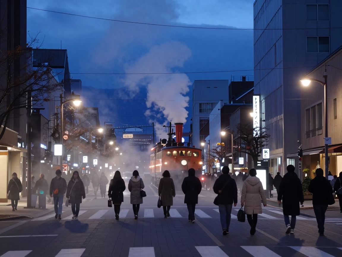 Busy Sapporo Street Scene at Nautical Dawn with Steam Haze and Local Activity in in Sapporo, Japan