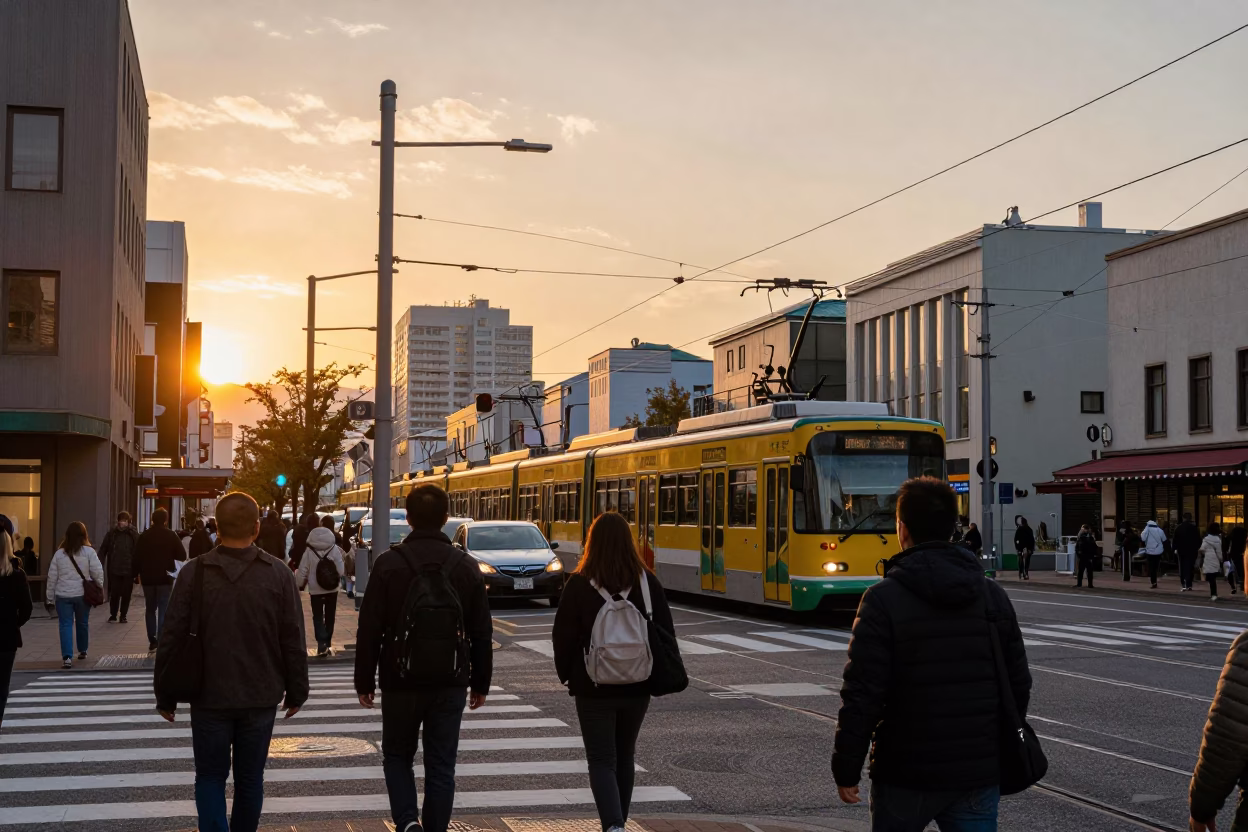 Busy Sapporo Street Scene at Sunset with Funicular and Classic Bus in Japan in in Sapporo, Japan