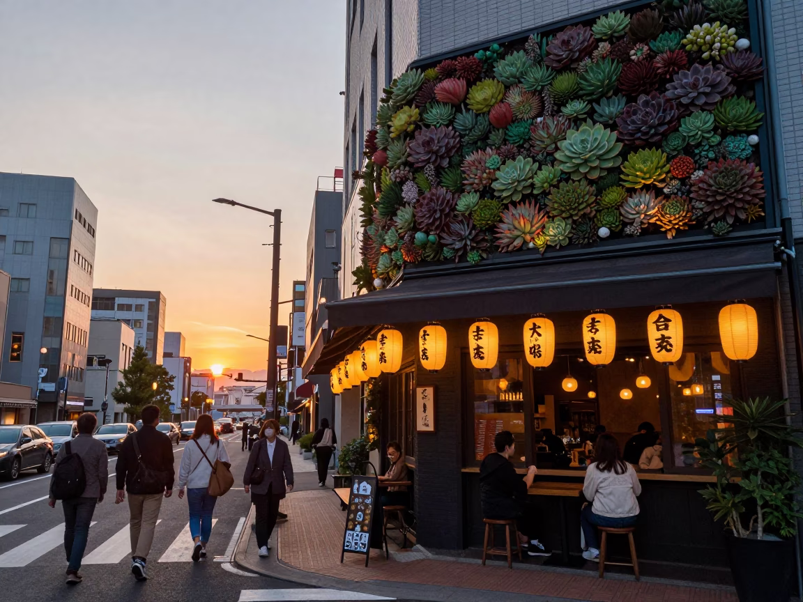 Busy Sapporo Street Scene at Sunset with Paper Lanterns and Succulent Cafe Wall in in Sapporo, Japan