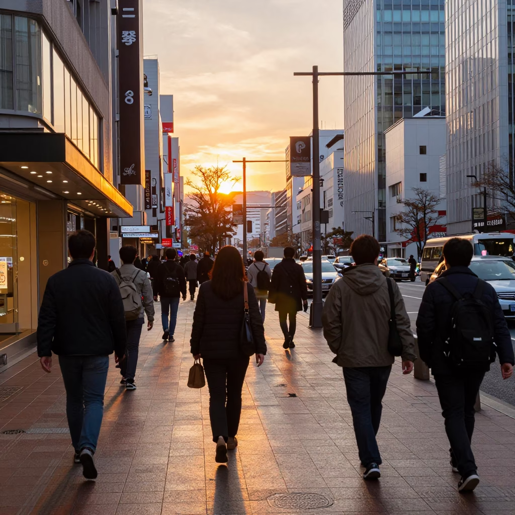 Busy Sapporo Street Scene at Sunset with Pedestrians and Vintage Details in in Sapporo, Japan