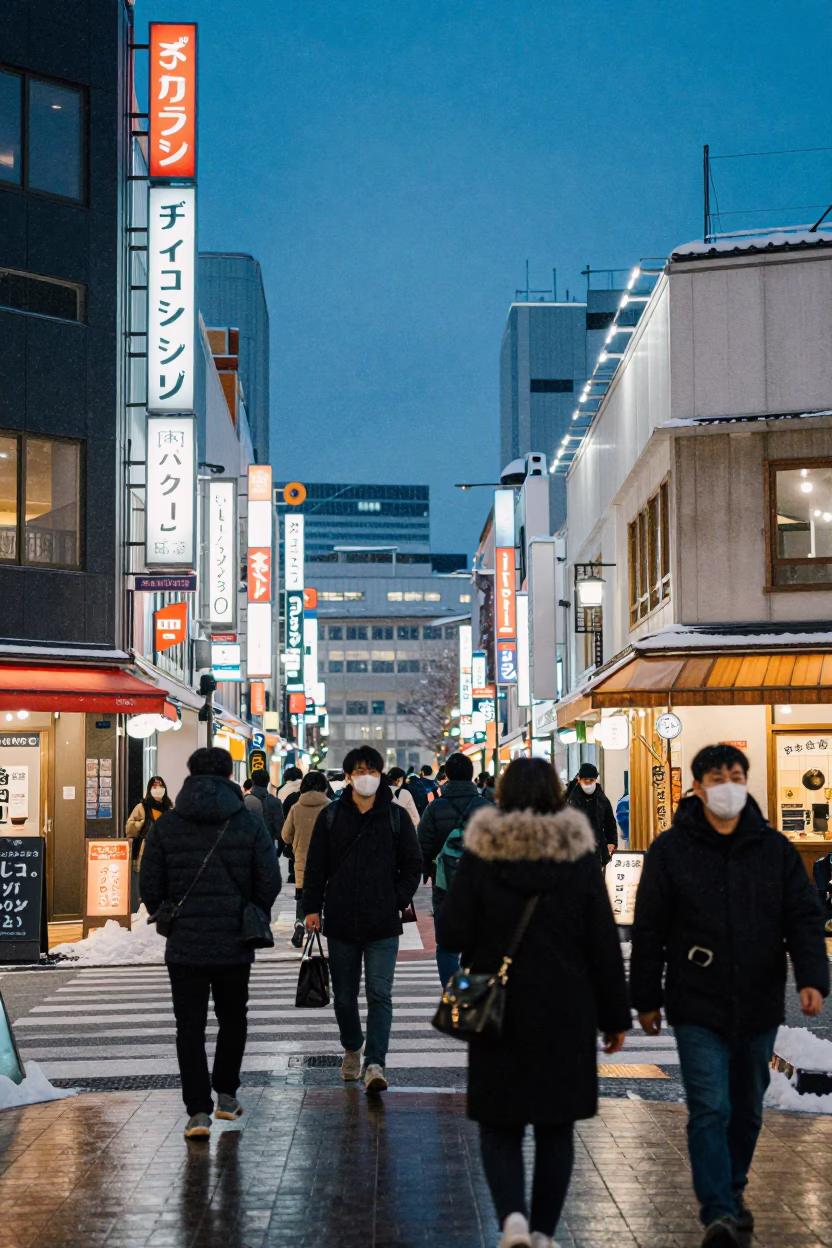 Busy Sapporo Street Scene at Twilight with Neon Lights and Snow in in Sapporo, Japan