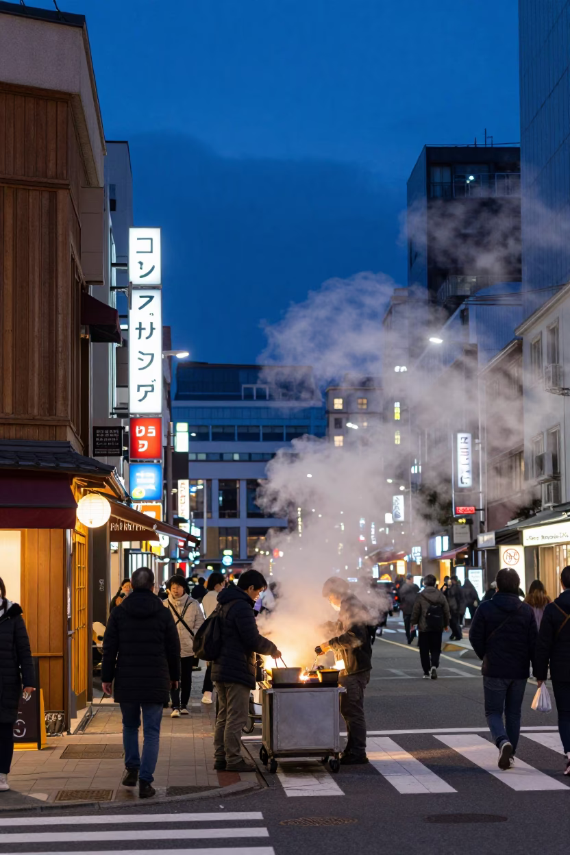 Busy Sapporo street scene at twilight with steam and city lights in in Sapporo, Japan