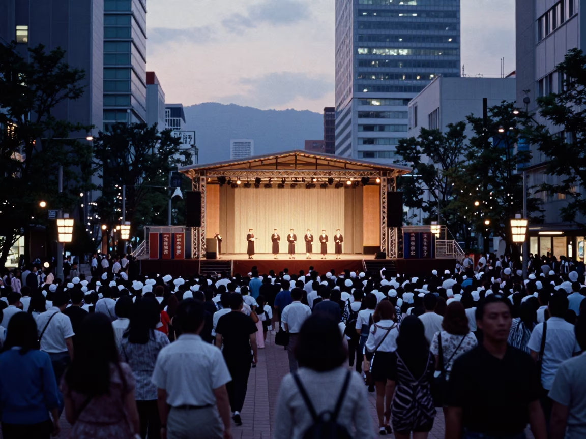 Busy Sapporo Street Scene Before Dawn with Graduation Stage and Empty Chairs in in Sapporo, Japan