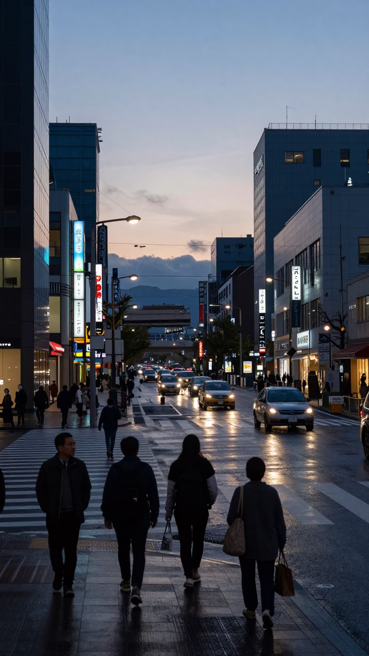 Busy Sapporo Street Scene Before Sunrise with Paperbacks and Urban Life in in Sapporo, Japan