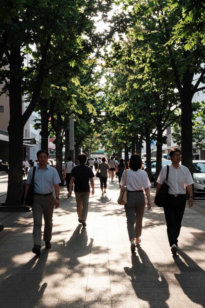 Busy Sapporo Street Scene Early Afternoon 1960s Style with Leaf Shadows in in Sapporo, Japan