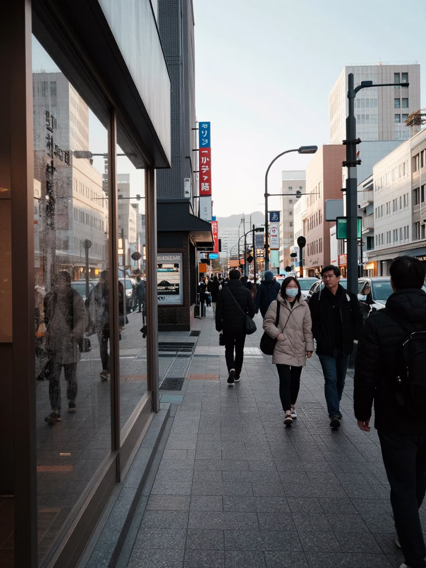 Busy Sapporo Street Scene Early Afternoon Condensation on Window Glass Saucepan Display in in Sapporo, Japan