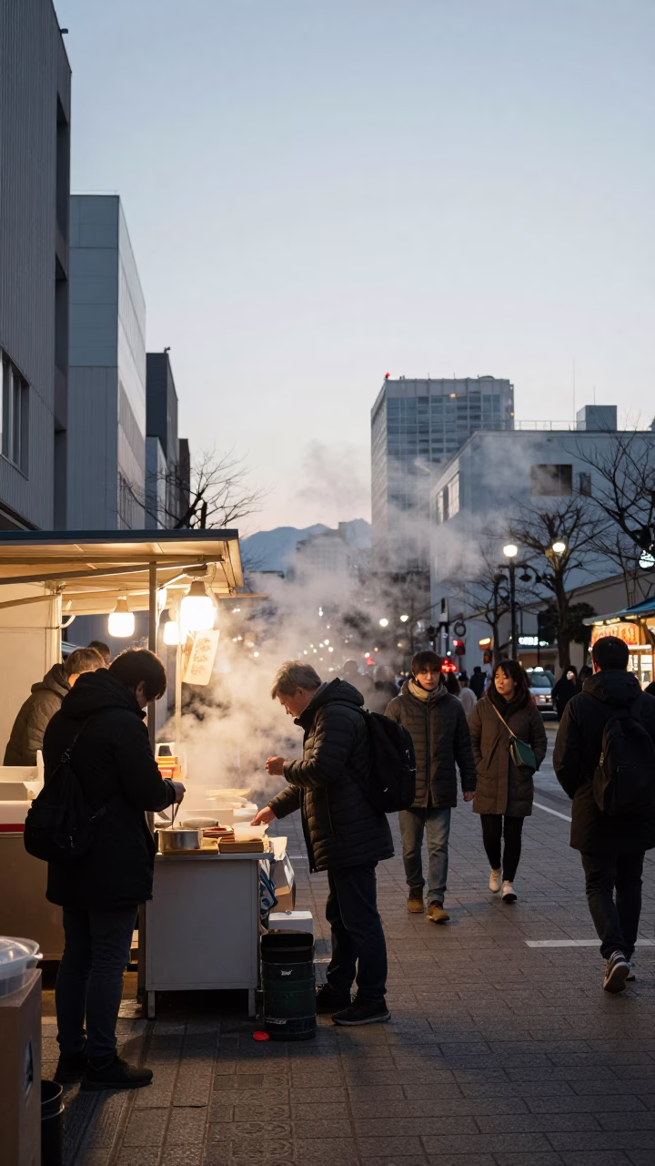 Busy Sapporo Street Scene Early Evening with Steam and Urban Details in in Sapporo, Japan