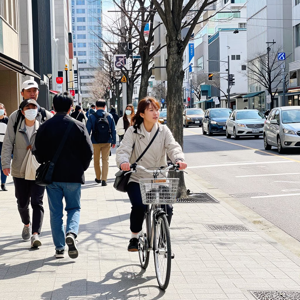 Busy Sapporo Street Scene in Bright Midmorning Light with Bicycle Basket and Padlock in in Sapporo, Japan