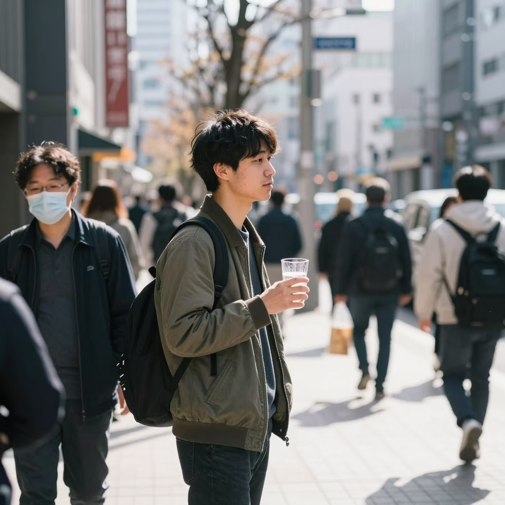 Busy Sapporo Street Scene in Bright Midmorning Light with Glass Tumbler and Origami Crane in in Sapporo, Japan