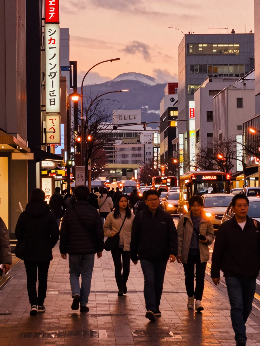 Busy Sapporo Street Scene in Copper Dusk Light with Scarf and Umbrella in in Sapporo, Japan