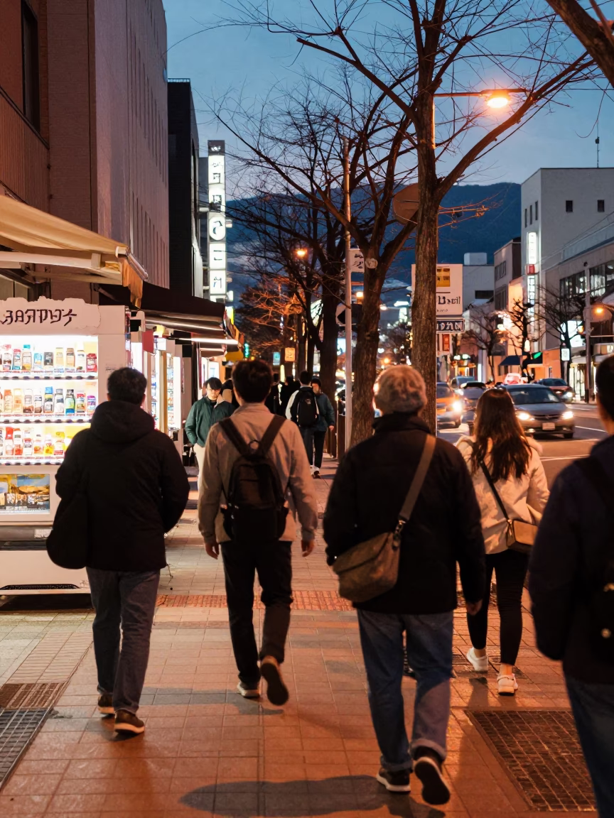 Busy Sapporo Street Scene in Copper Dusk Light with Vending Machines and Pedestrians in in Sapporo, Japan