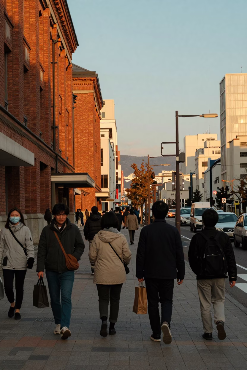 Busy Sapporo Street Scene in Golden Evening Light with Vintage 1970s Atmosphere in in Sapporo, Japan
