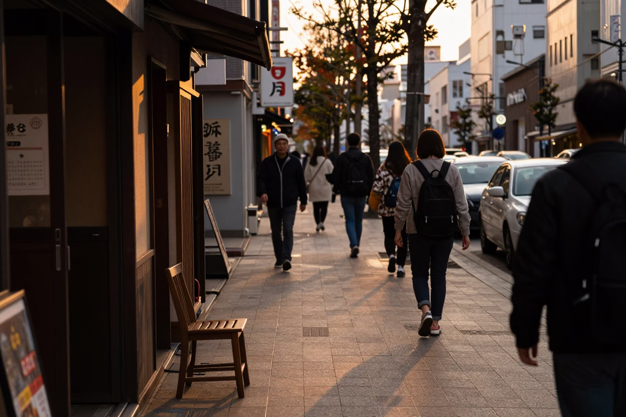 Busy Sapporo Street Scene in Honeyed Evening Light with Chair and Bottle in in Sapporo, Japan