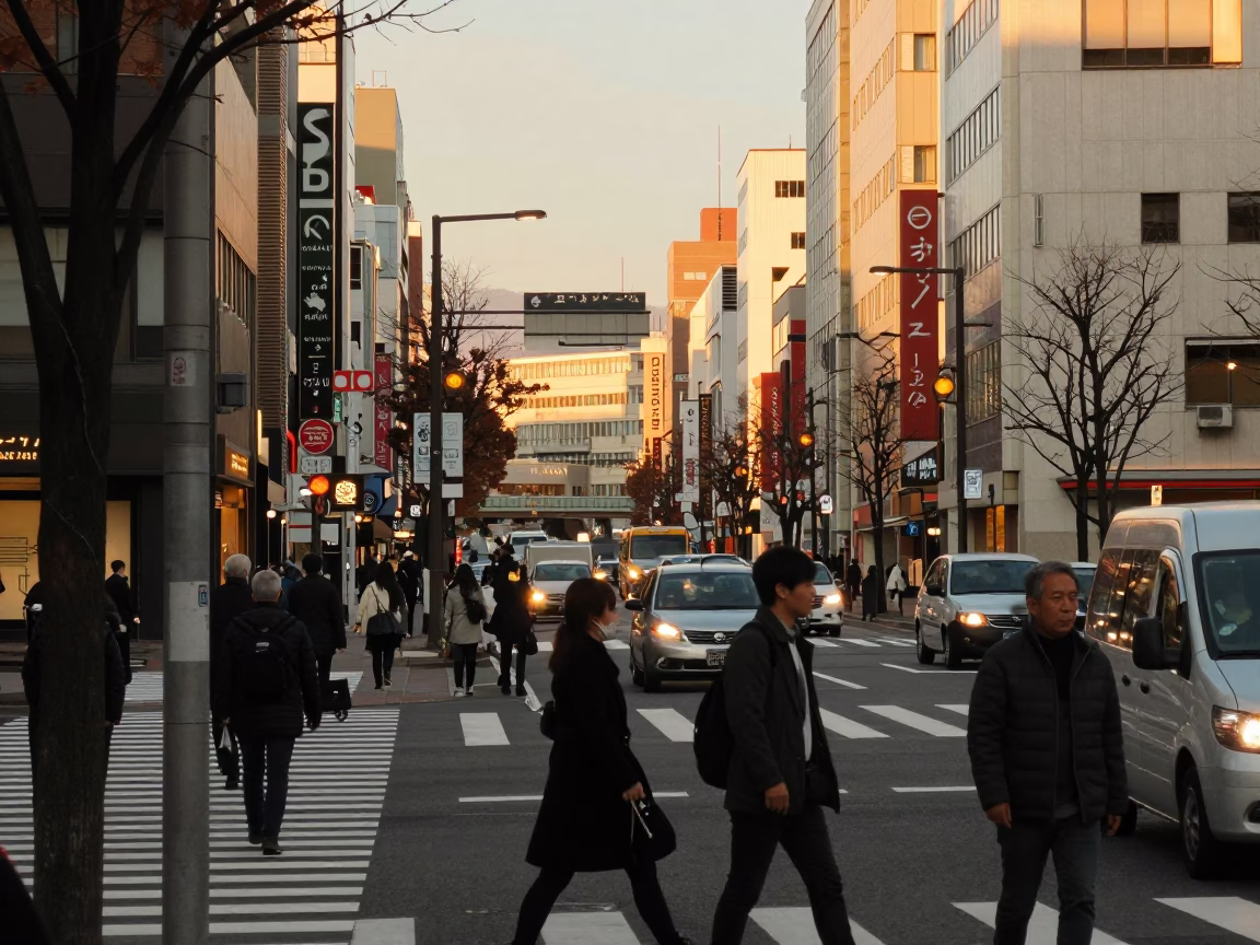 Busy Sapporo Street Scene in Honeyed Evening Light with Condensation on Tabletop in in Sapporo, Japan