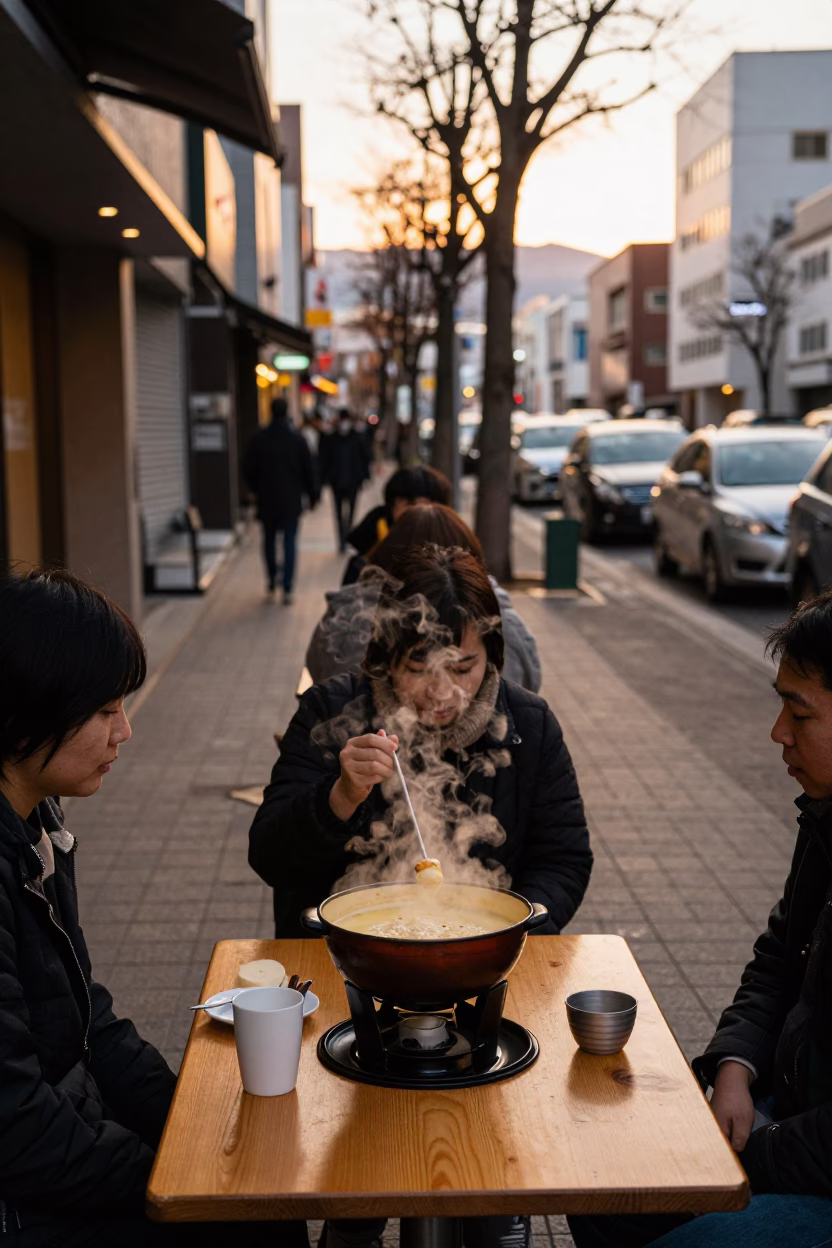 Busy Sapporo Street Scene in Honeyed Evening Light with Local Dining Details in in Sapporo, Japan