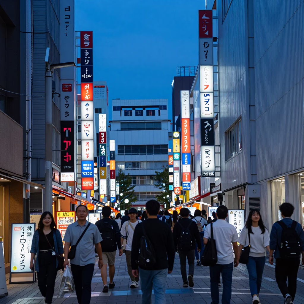 Busy Sapporo Street Scene in Indigo Twilight with Diverse Food and Local Life in in Sapporo, Japan