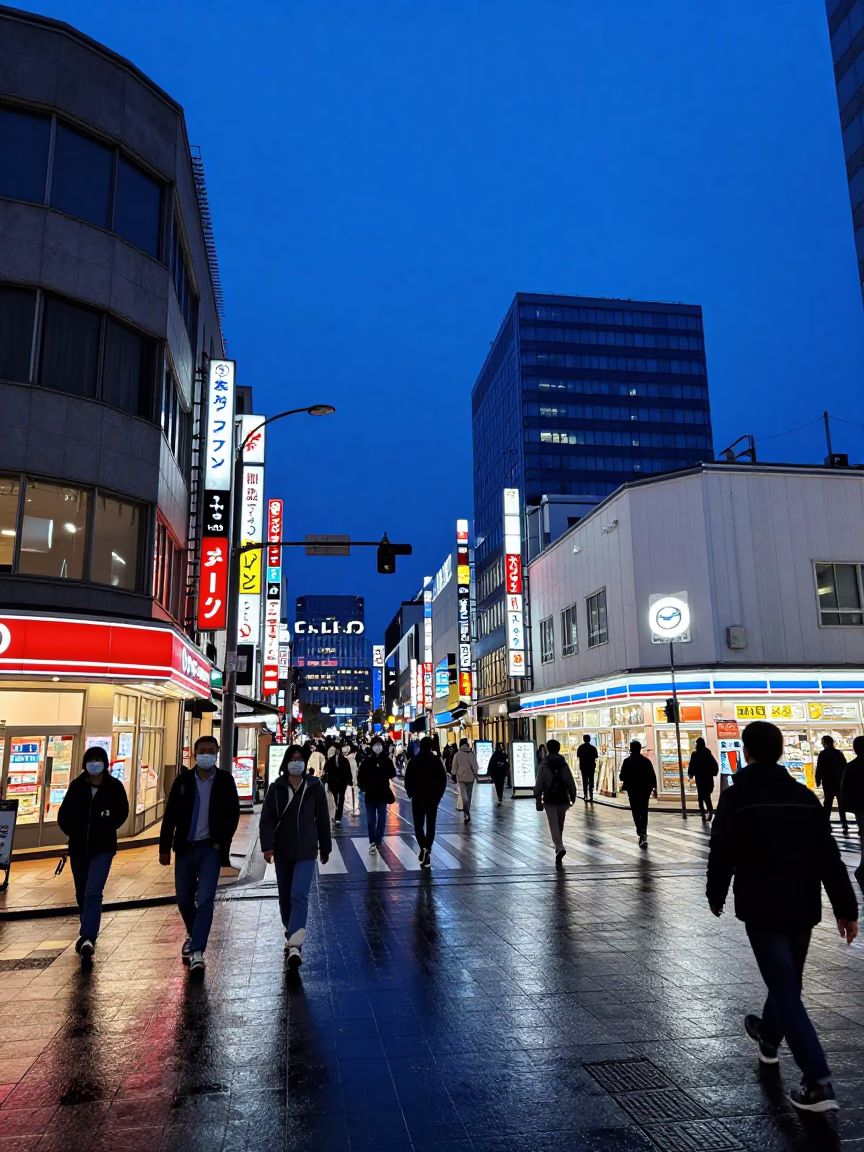 Busy Sapporo Street Scene in Indigo Twilight with Neon Lights and Pedestrians in in Sapporo, Japan