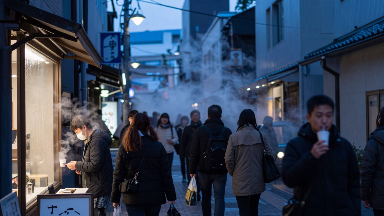 Busy Sapporo Street Scene in Indigo Twilight with Steam and Urban Details in in Sapporo, Japan