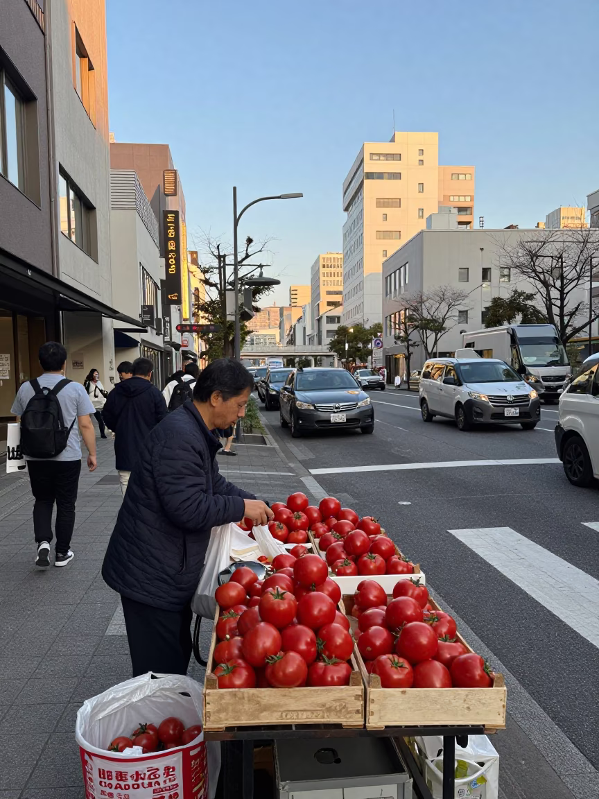 Busy Sapporo Street Scene Late Afternoon Light with Tomatoes and Lockbox in Japan in in Sapporo, Japan