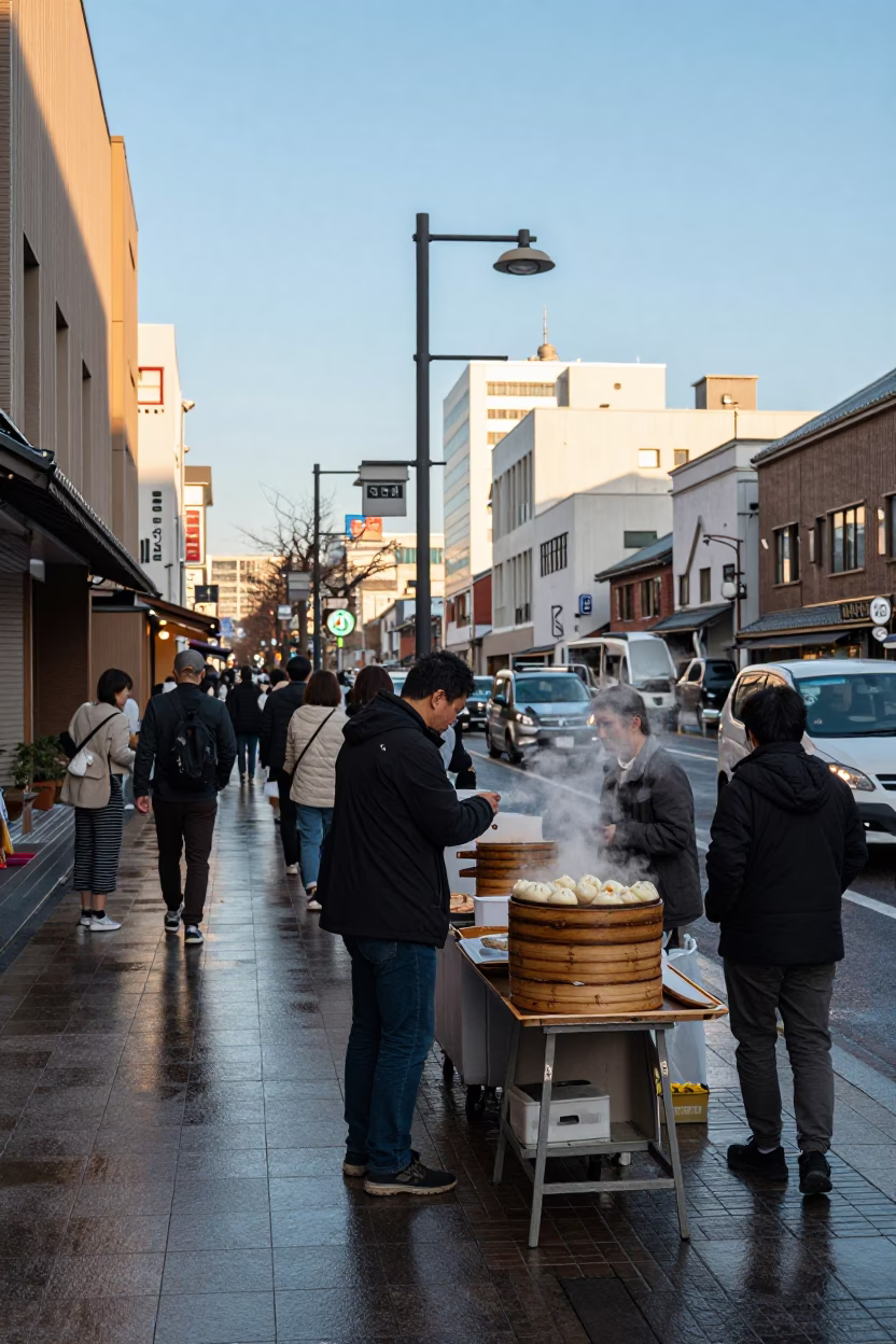 Busy Sapporo Street Scene Late Afternoon Light with Traditional and Modern Elements in in Sapporo, Japan