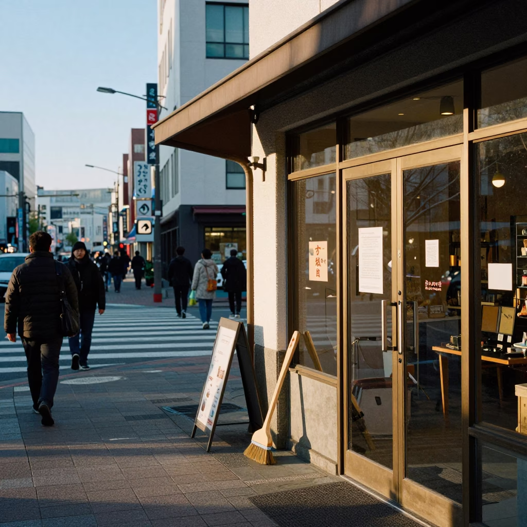 Busy Sapporo Street Scene Late Afternoon with Local Shop and Passersby in in Sapporo, Japan