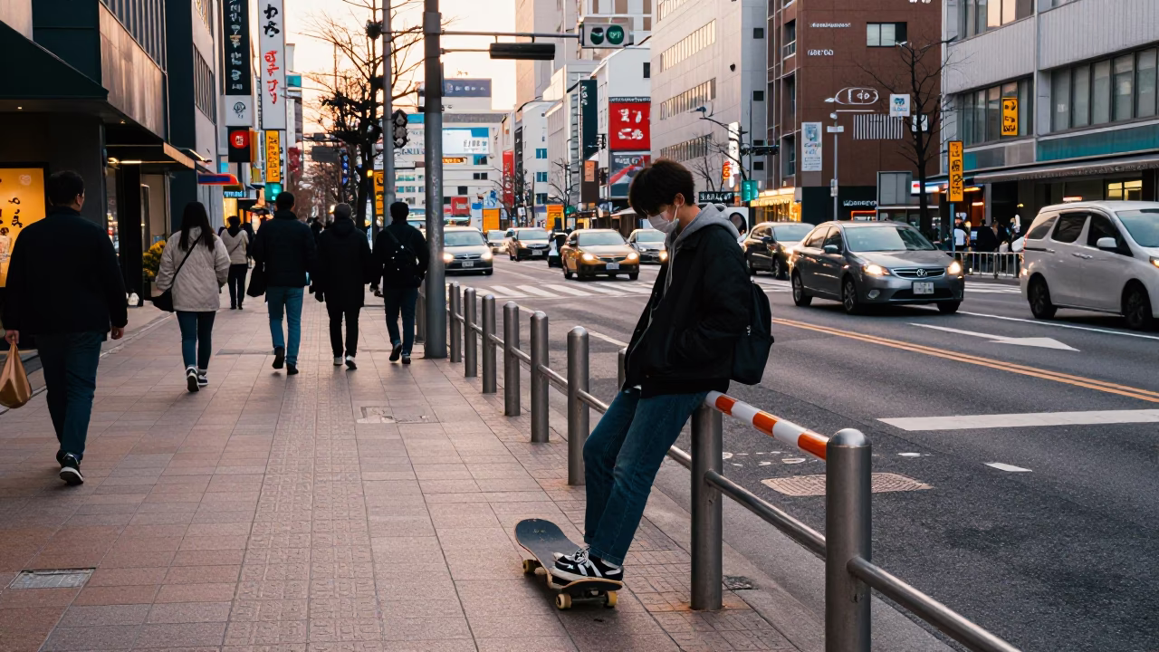 Busy Sapporo Street Scene Late Afternoon with Skateboard and Urban Details in in Sapporo, Japan