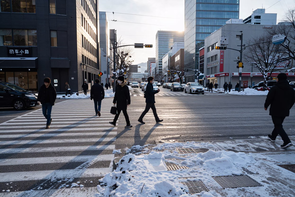 Busy Sapporo Street Scene Late Afternoon with Snow Slush and Local Life in in Sapporo, Japan