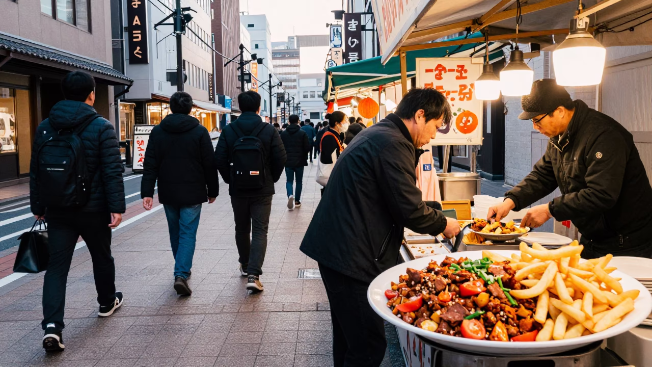 Busy Sapporo Street Scene Late Morning with Local Food and Urban Life in in Sapporo, Japan
