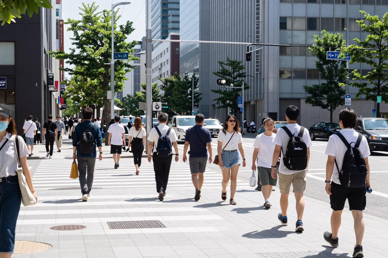 Busy Sapporo Street Scene Under Flat Noon Light with Delphinium Flower Bed in in Sapporo, Japan