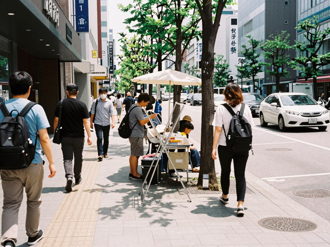 Busy Sapporo Street Scene Under Flat Noon Light with Drying Rack and Ladle in in Sapporo, Japan