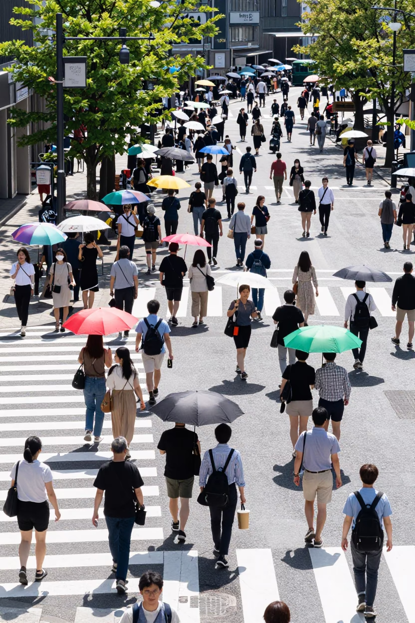 Busy Sapporo Street Scene Under Noon Sun with Coffee and Local Details in in Sapporo, Japan