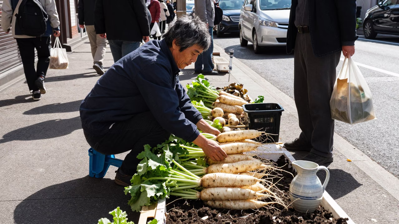 Busy Sapporo Street Scene Under Noon Sun with Turnips and Ceramic Pitcher in in Sapporo, Japan
