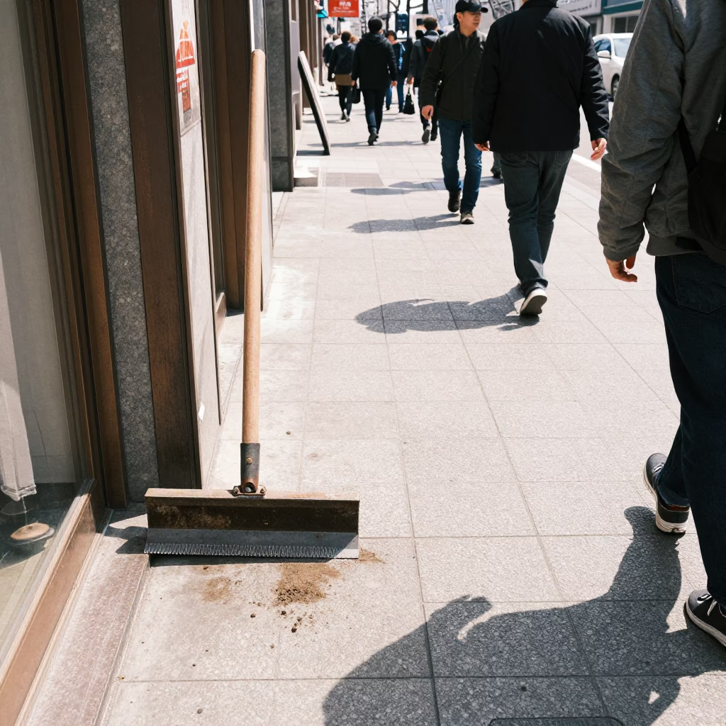 Busy Sapporo Street Scene with Boot Scraper and Pedestrians at Midday in in Sapporo, Japan