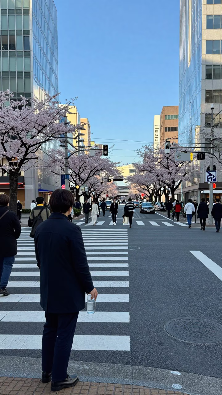 Busy Sapporo Street Scene with Cherry Blossoms and Glass Carafe in in Sapporo, Japan