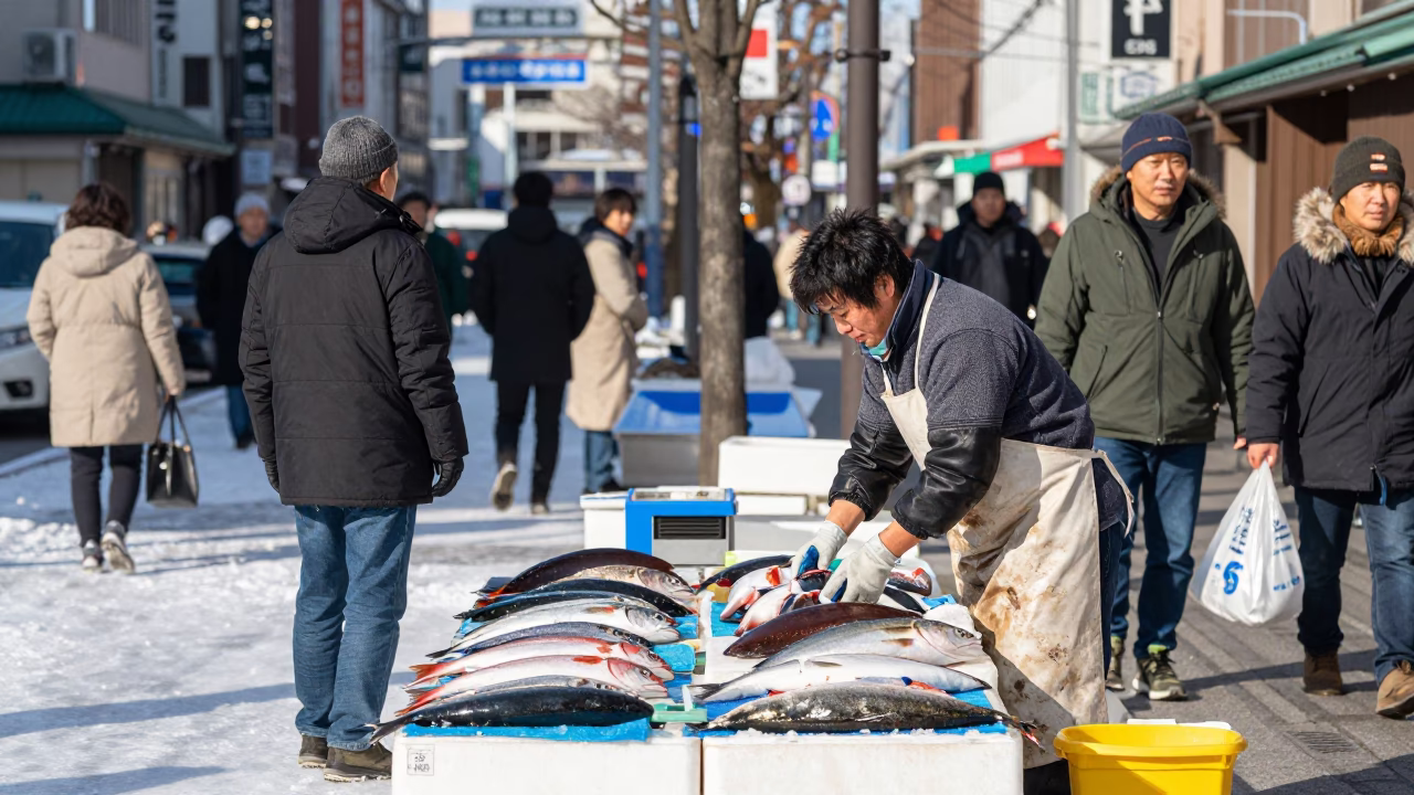 Busy Sapporo Street Scene with Fishmonger on Ice at Noon in in Sapporo, Japan