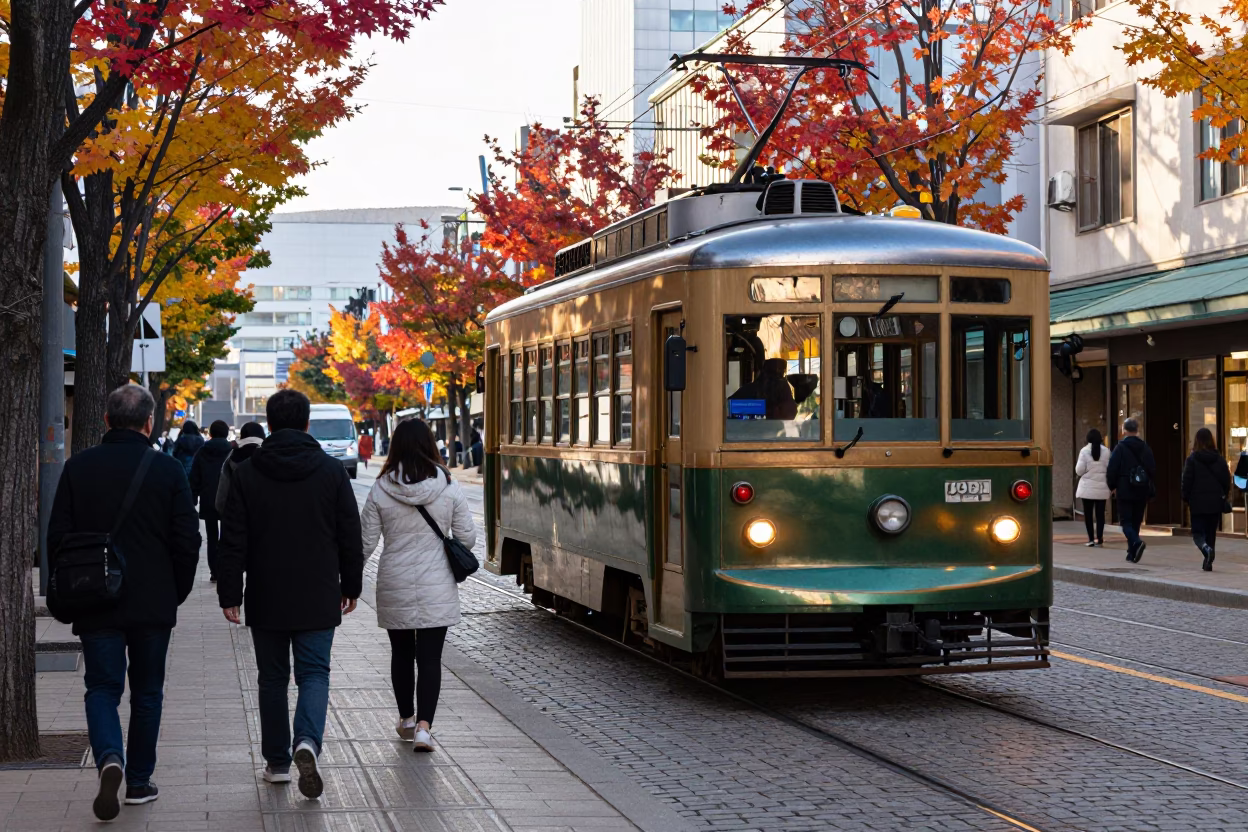 Busy Sapporo Street Scene with Heritage Tram and Autumn Vines in Late Morning Light in in Sapporo, Japan