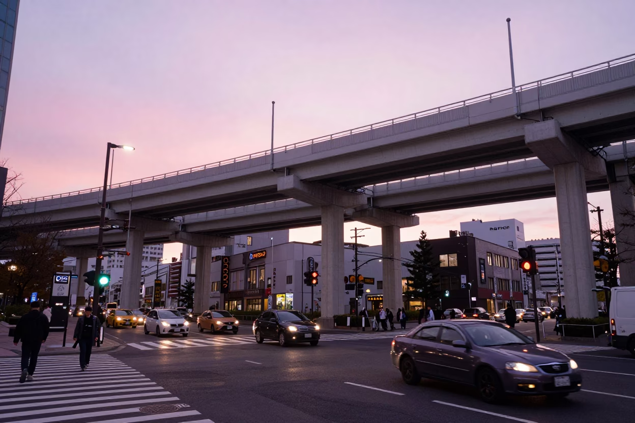 Busy Sapporo Street Scene with Highway Flyover and Evening Light in in Sapporo, Japan