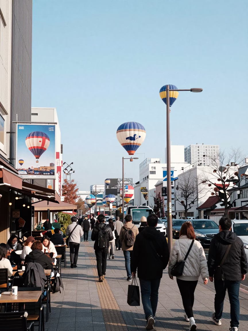 Busy Sapporo Street Scene with Hot Air Balloon Fleet at Noon in in Sapporo, Japan