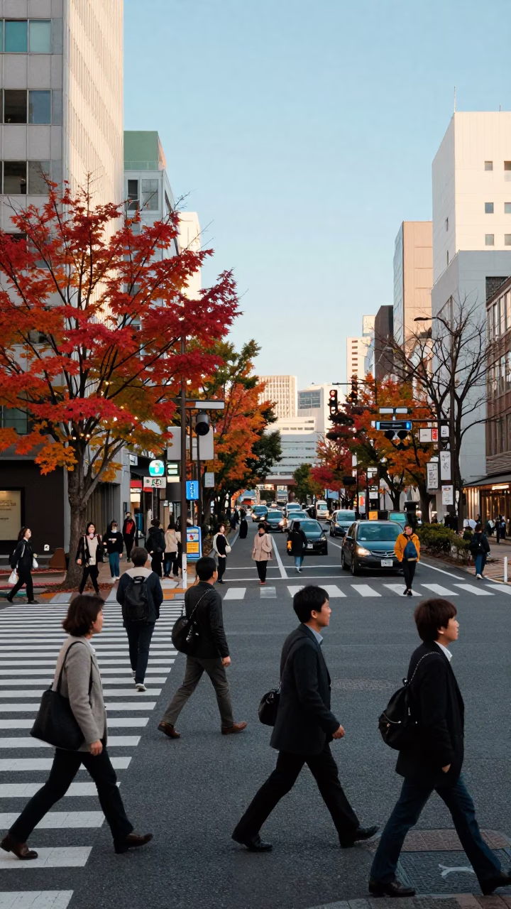 Busy Sapporo Street Scene with Japanese Maple and Clear Late Afternoon Light in in Sapporo, Japan