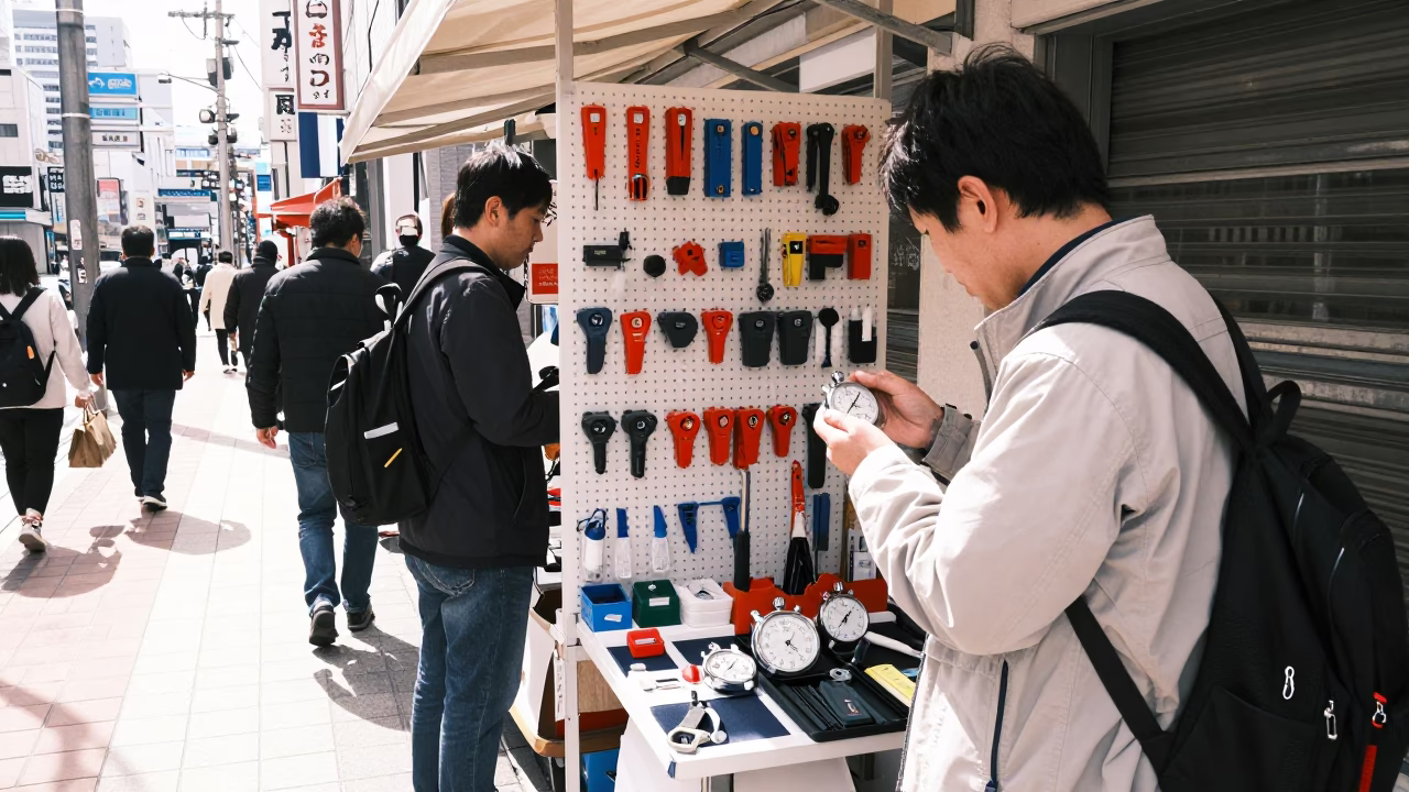 Busy Sapporo Street Scene with Pegboard Display and Stopwatch Timer at Midday in in Sapporo, Japan