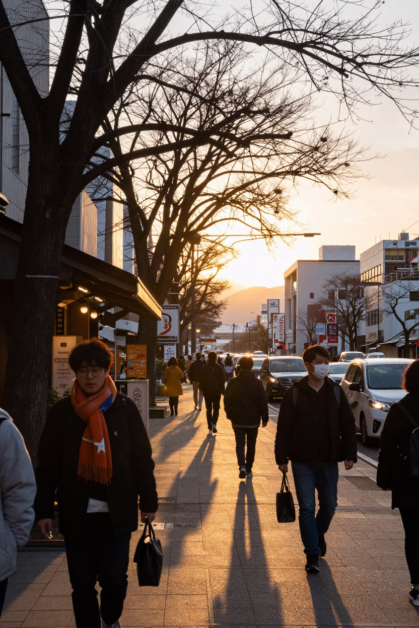 Busy Sapporo street scene with scarf and tree during golden hour sunset in in Sapporo, Japan
