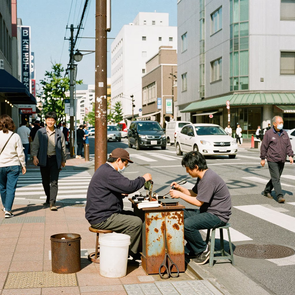 Busy Sapporo Street Scene with Sewing Scissors and Rusty Stool at Noon in in Sapporo, Japan