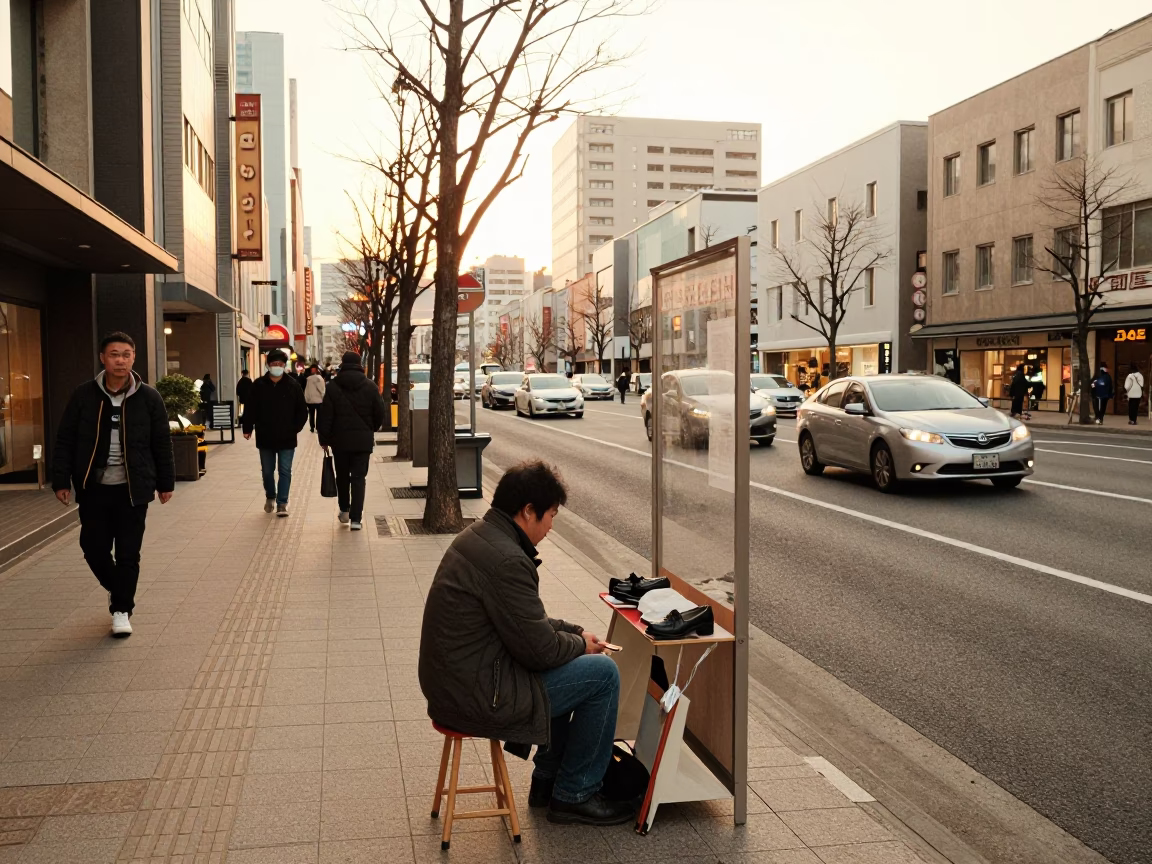 Busy Sapporo Street Scene with Shoe Shine Stand and Evening Light in in Sapporo, Japan