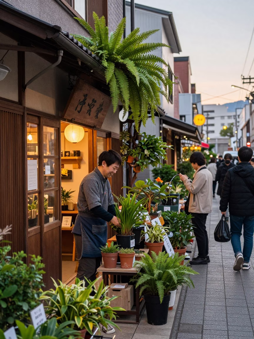 Busy Sapporo Street Scene with Staghorn Fern and Watering Jug in Evening Light in in Sapporo, Japan