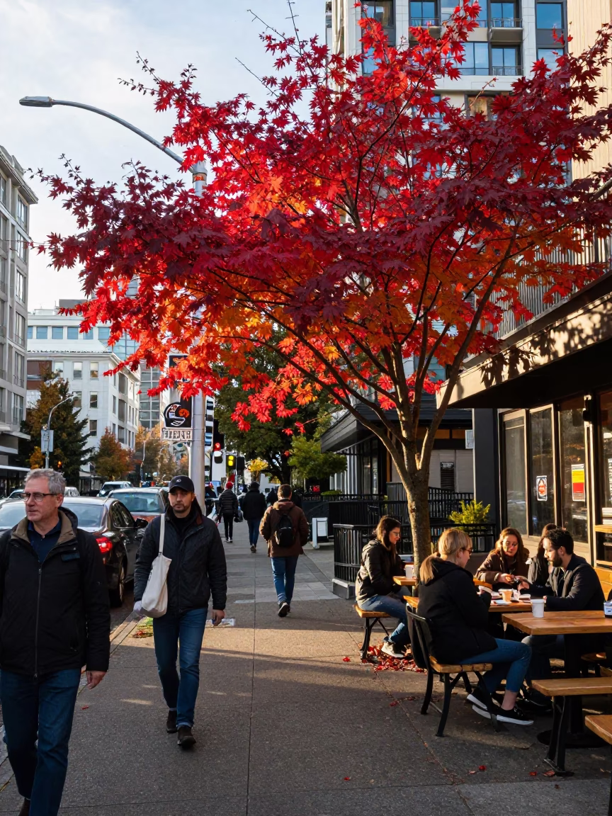 Busy Seattle Afternoon Street Scene with Japanese Maple and Urban Life in in Seattle, Washington, United States