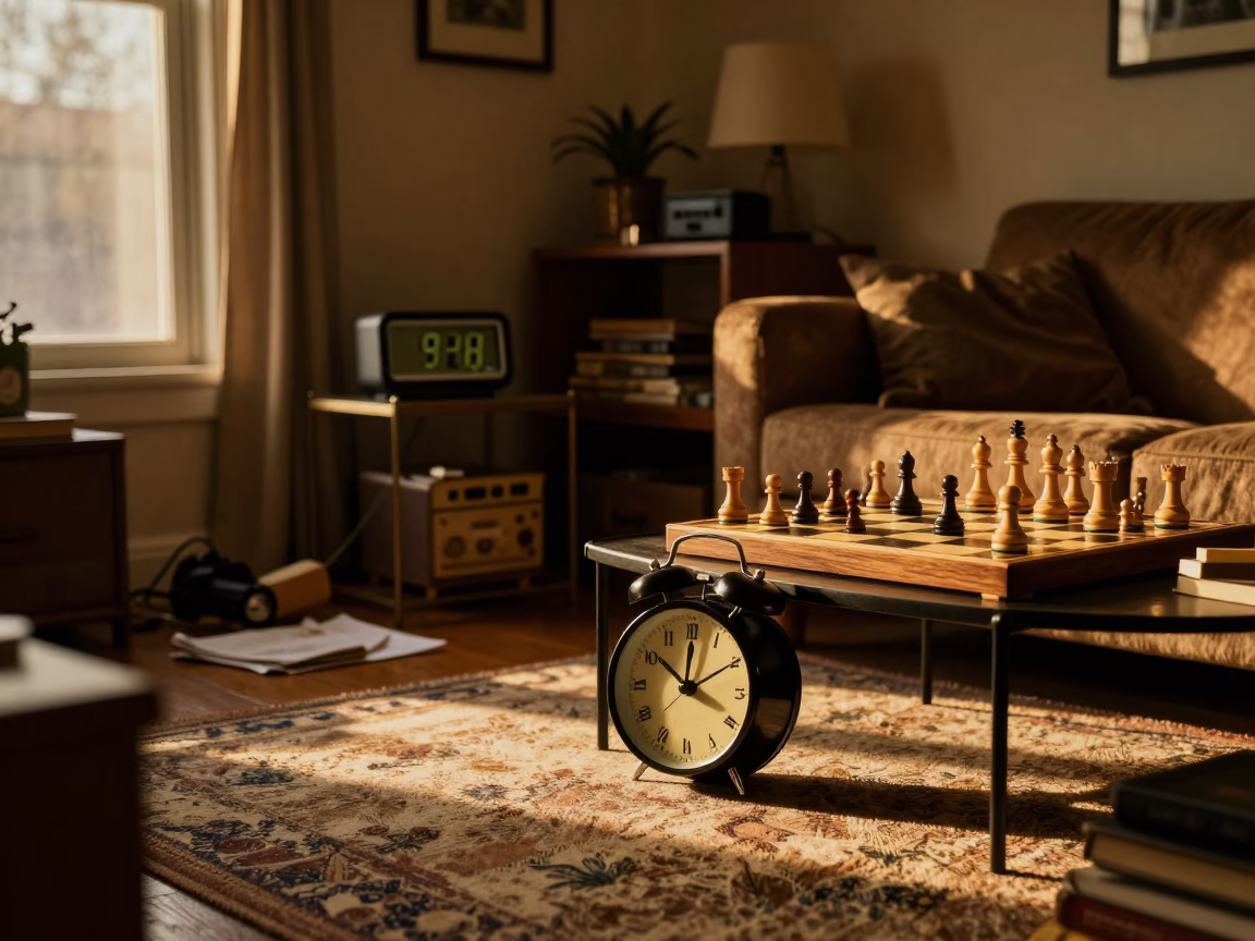 Busy Seattle Apartment Interior with Alarm Clock and Chess Clock in Honeyed Evening Light in in Seattle, Washington, United States