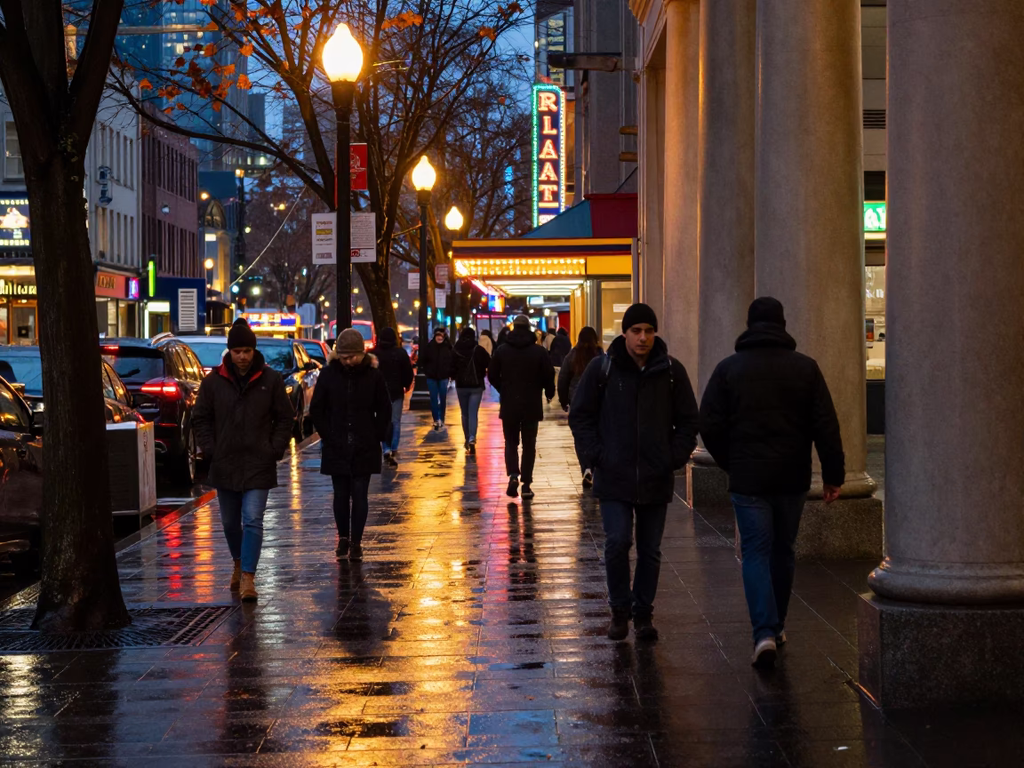 Busy Seattle Arcade Street Scene with Wet Leaves and City Lights at Dusk in in Seattle, Washington, United States